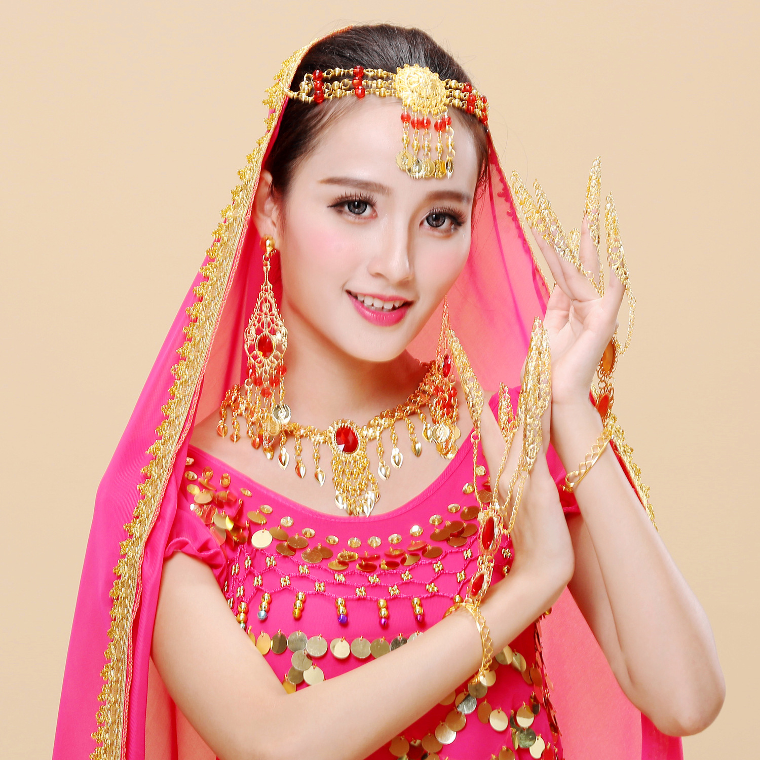 肚皮舞头饰纱巾头纱批发印度舞演出配饰头饰纱巾太阳花眉心坠头链