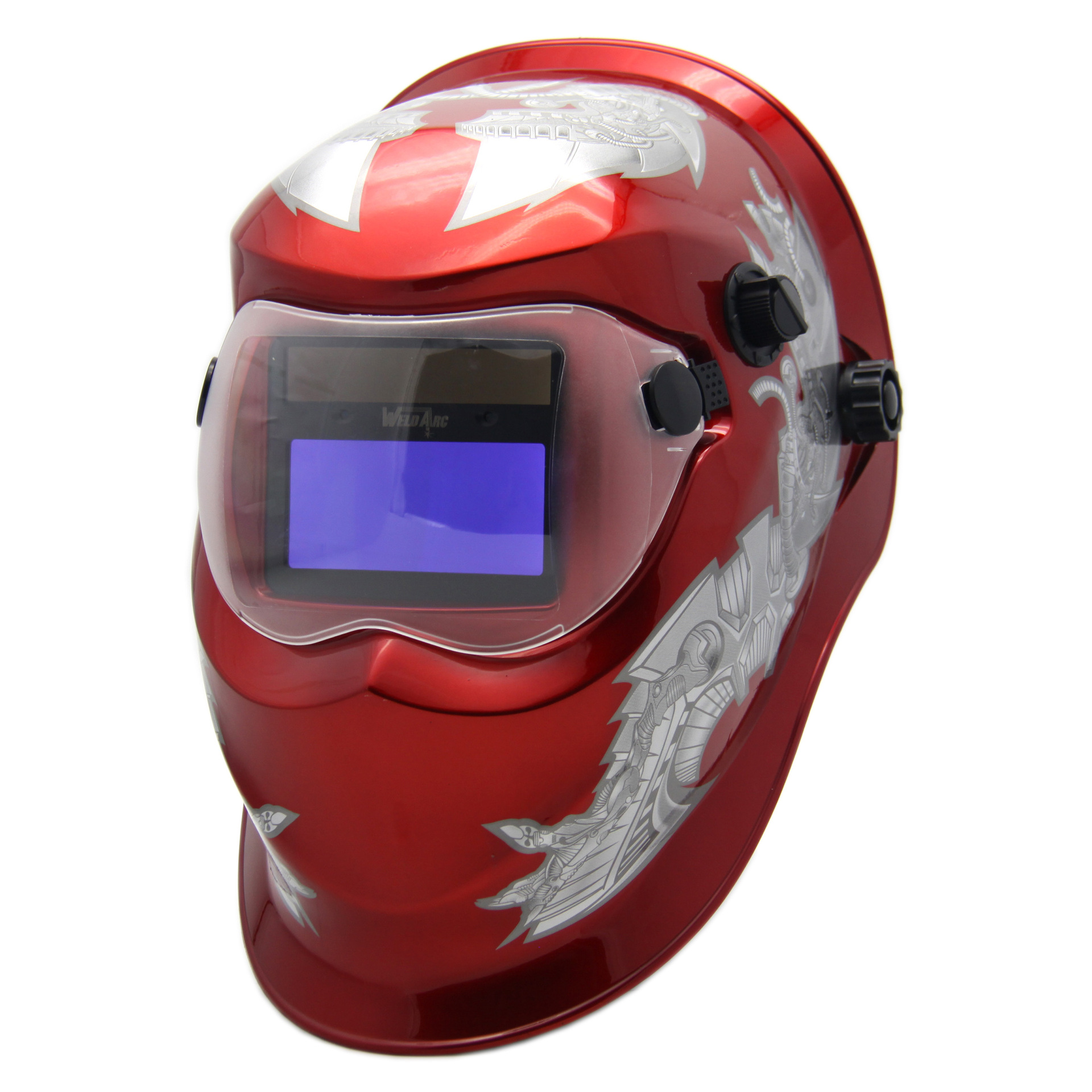 新款太阳能自动变光焊接面罩变色焊接电焊头盔红色银龙