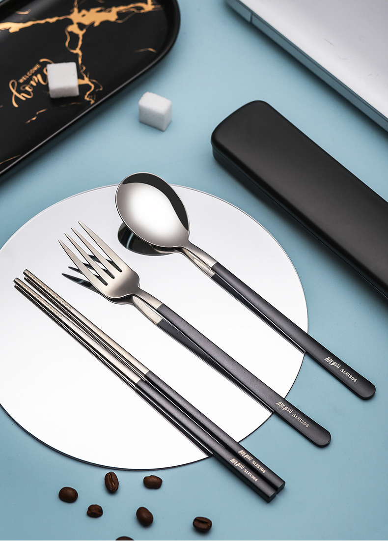 304不锈钢筷子勺子套装叉子单人学生可爱便携式餐具收纳盒三件套