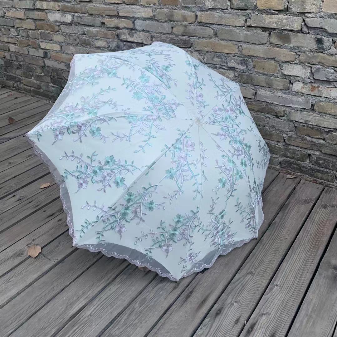 双层绣花三折伞 夏季uv防嗮双层伞 植绒刺绣工艺遮阳伞 parasol