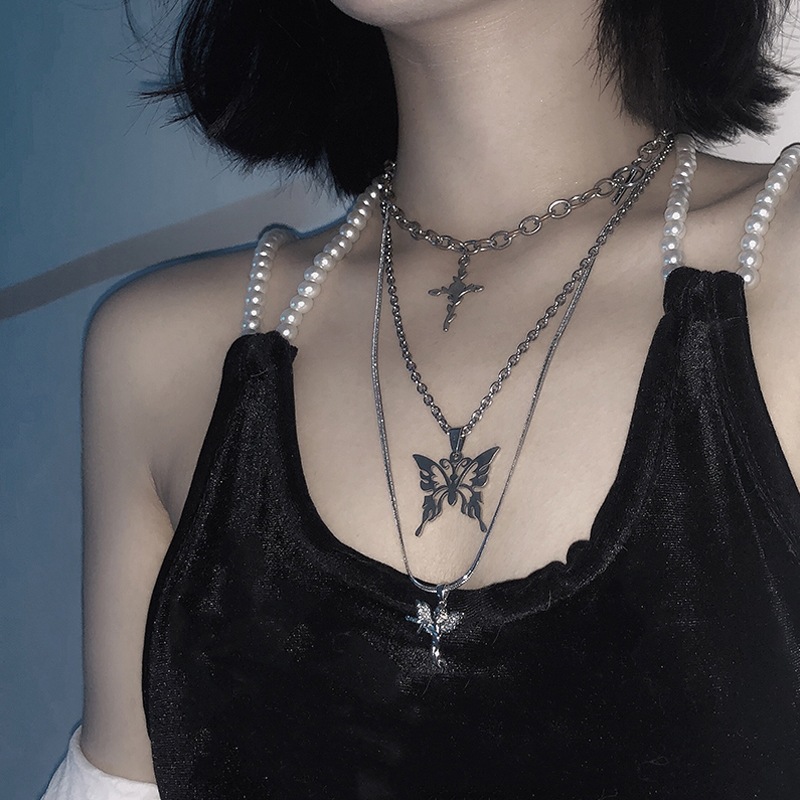 ins原宿风网红蹦迪多层蝴蝶长款项链欧美嘻哈个性吊坠男女饰品潮
