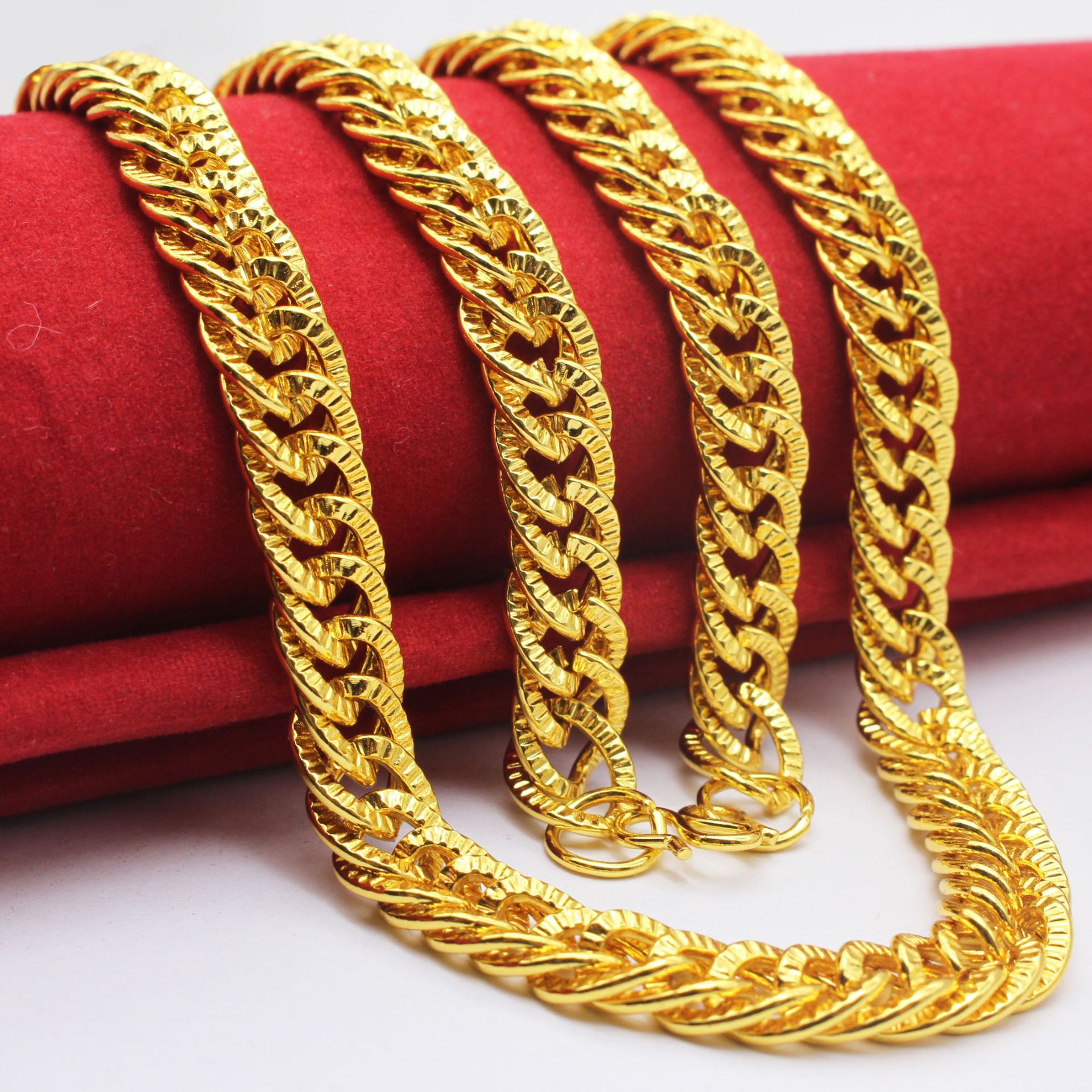 【森罗】9mm男士仿黄金项链 外贸热卖爆款镀金65cm双扣马鞭侧身链