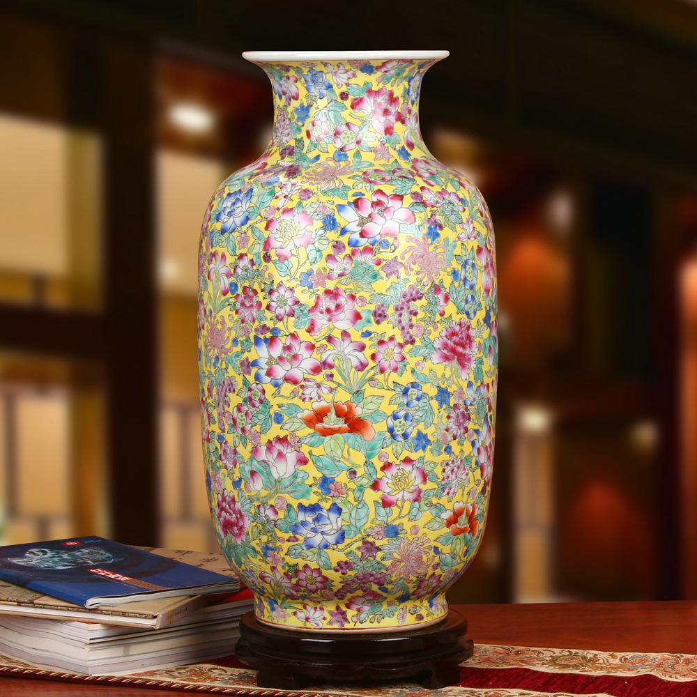 景德镇陶瓷器 高档精品手绘粉彩黄底万花牡丹中式家居落地大花瓶