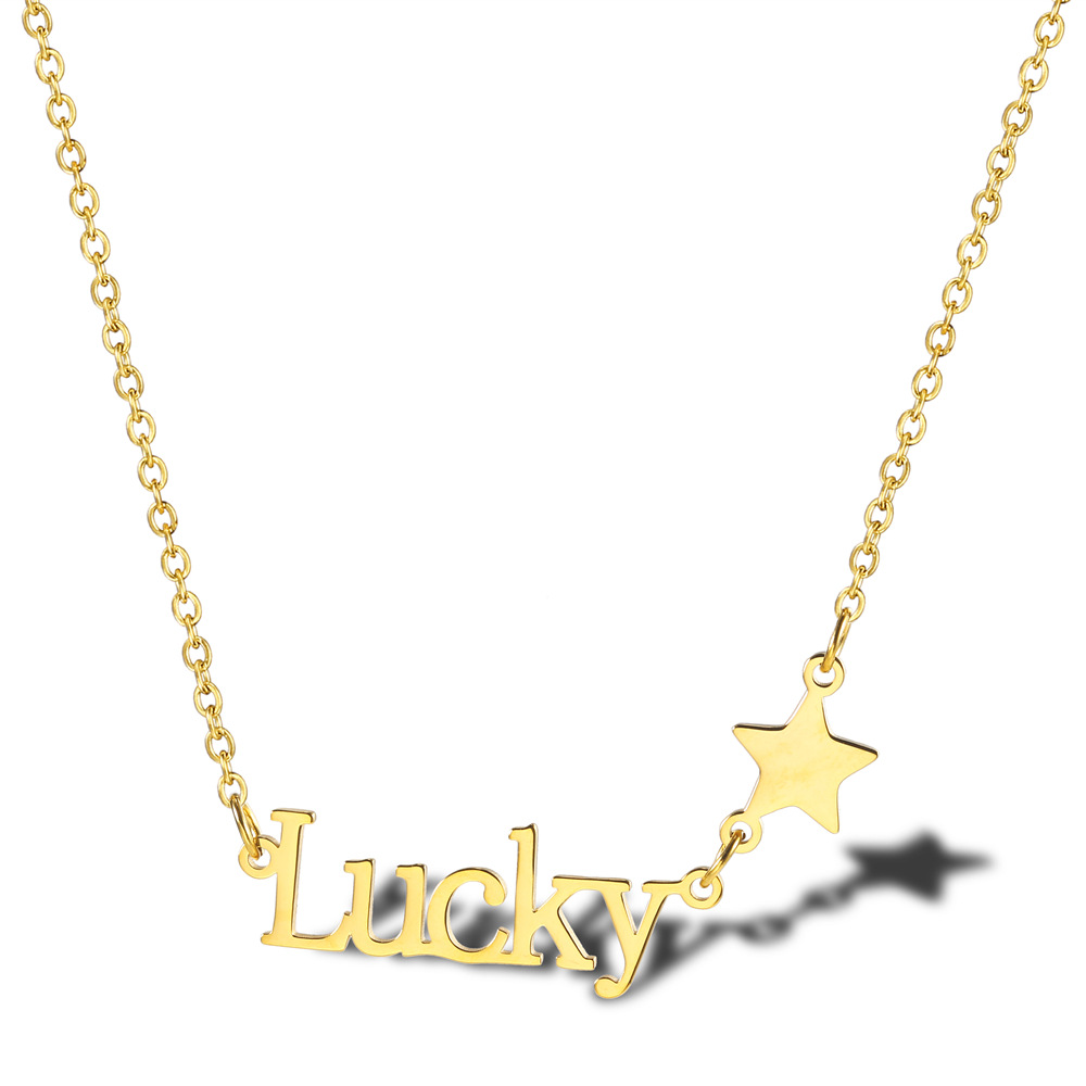 18k镀金英文字母星星女士锁骨链钛钢简约气质幸运lucky五芒星项链