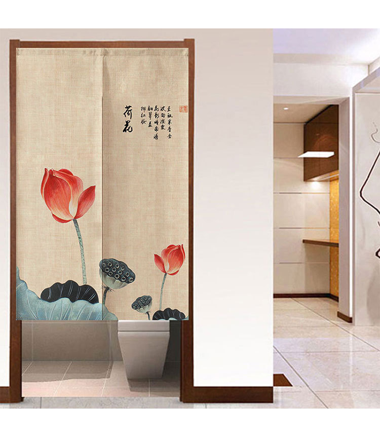 新中式布艺门帘荷花布帘隔断帘中国风风水挂帘厕所免打孔挡煞帘子