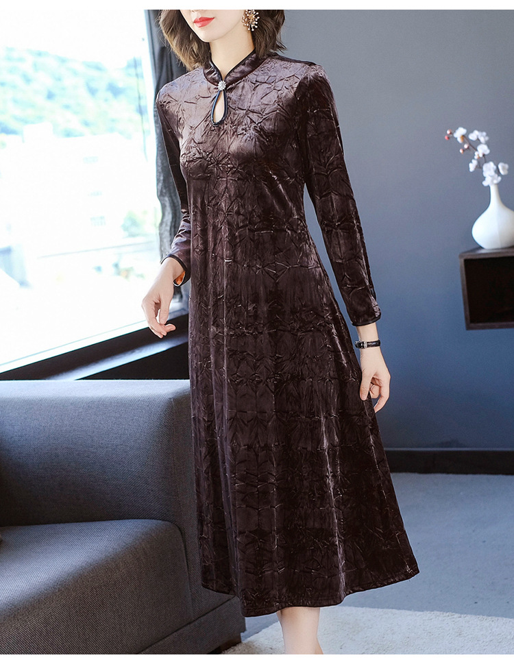 复古妈妈秋装新款金丝绒改良版时尚立领旗袍连衣裙(货号 am5560)