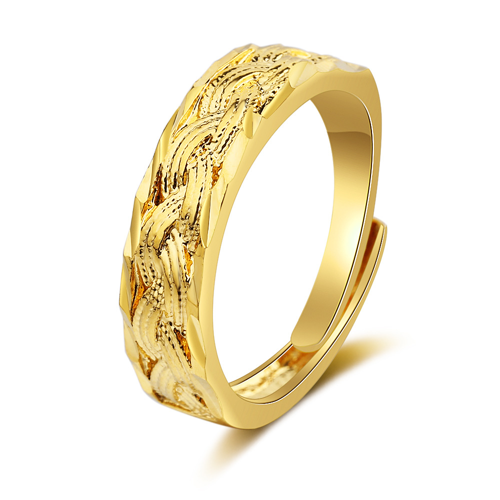 跨境货源仿真金麻花纹黄铜镀金女士开口戒指久不褪色沙金镀金首饰