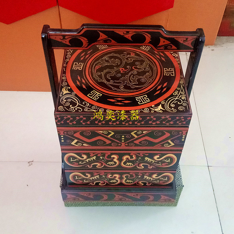 仿汉代漆器木质手提篮提盒 多层食盒结婚礼盒 中国风漆器彩绘食盒