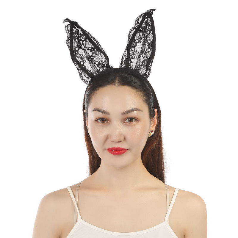 新款饰品黑色蕾丝兔耳朵发箍夸张蕾丝兔女郎发饰性感夜店酒吧头饰