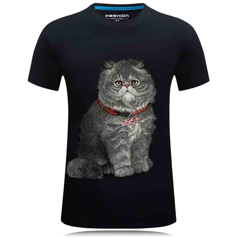 3D立体印花炫酷暗黑圆领棉短袖T恤创意加肥加大码打底衫-猫