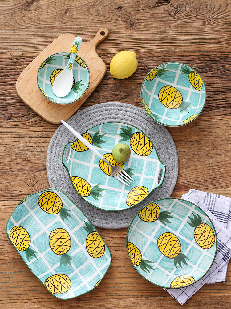 Nordic Ins Creative Pineapple Ceramic Cutlery Bowl Sets Dish Binaural Rectangular Plate Nice Dinner Plate Fruit Plate