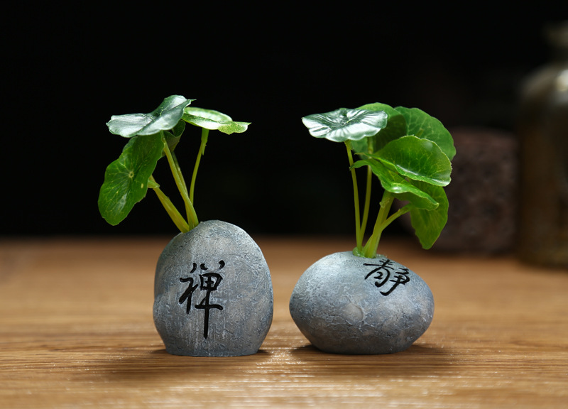 树脂荷叶石头摆件 禅静 止语 茶 小和尚摆件配饰