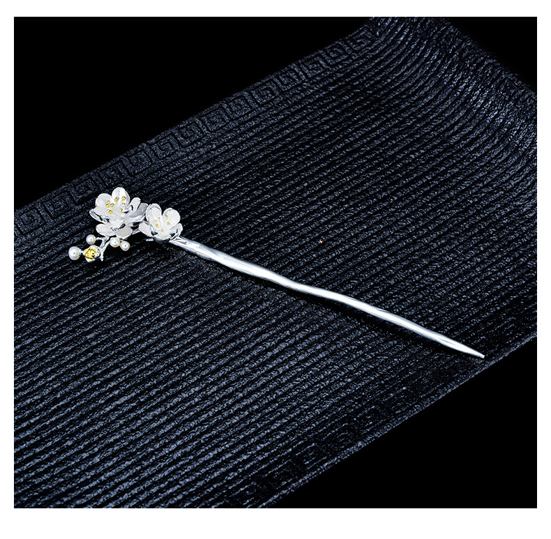 泰可泰s925纯银新款唯美珍珠桃花发簪古风汉服盘发头饰步摇簪子