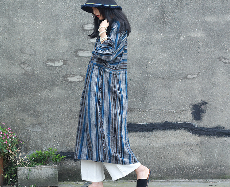 【布觉】棉麻春夏新款女装 宽松文艺范条纹连衣裙 大码不规则长袍