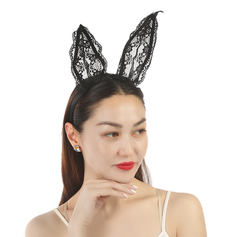 新款饰品黑色蕾丝兔耳朵发箍夸张蕾丝兔女郎发饰性感夜店酒吧头饰