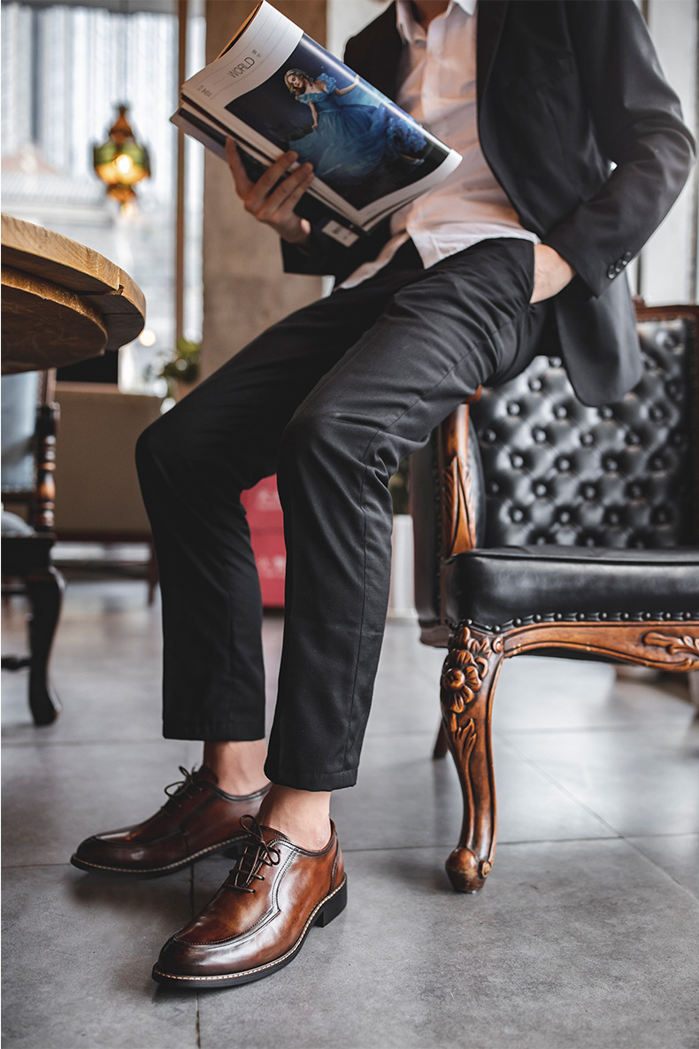 商务正装复古擦色鞋子西装鞋头层牛皮结婚婚礼皮鞋手工男士德比鞋