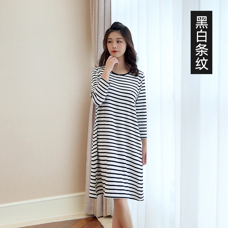 Modal Cotton Women's Ninth Sleeve Long Sleeve Nightdress Midi Skirt Loose plus Size Long Sleeve Striped Pajamas Home Wear