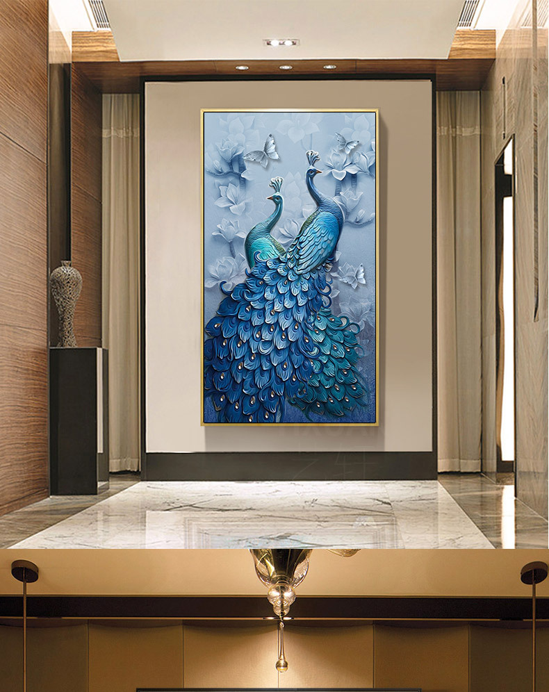 入户玄关装饰画孔雀竖版壁画走廊过道挂画酒店工装样板间油画定制