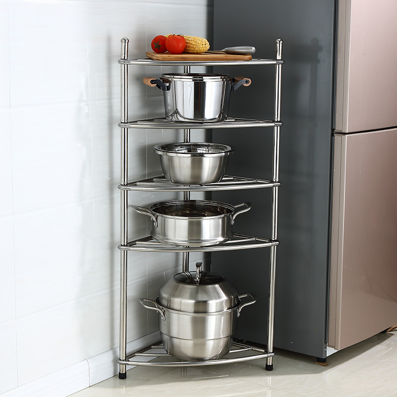 多层不锈钢放锅架子厨房置物架扇形角落收纳架落地三角架厨具用品