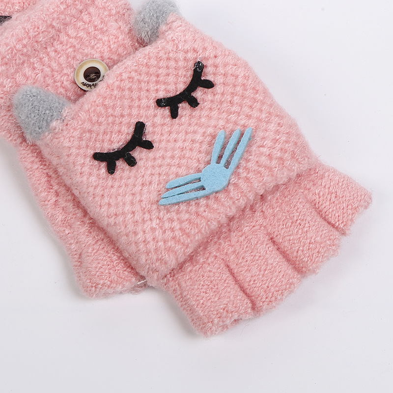 可爱卡通毛线针织男女大儿童五指翻盖半指手套冬学生写字宝宝手套