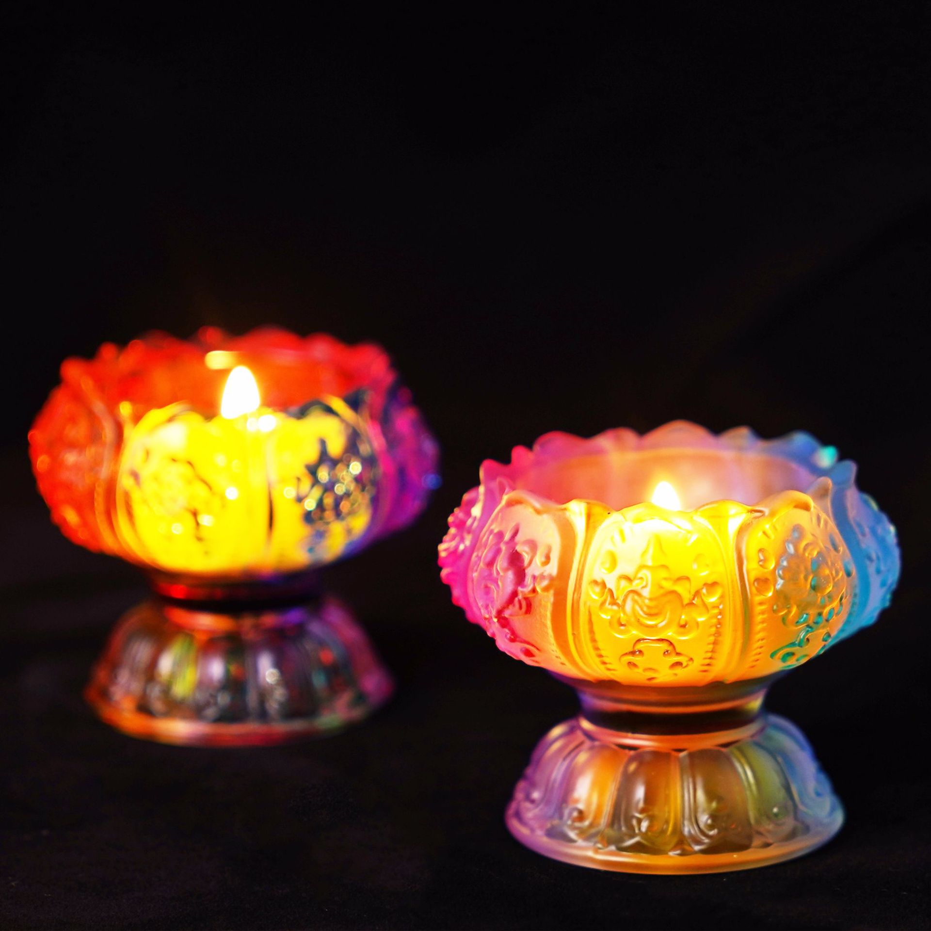 佛具七彩琉璃八吉祥酥油灯座 佛教用品供佛灯水晶烛台摆件批发