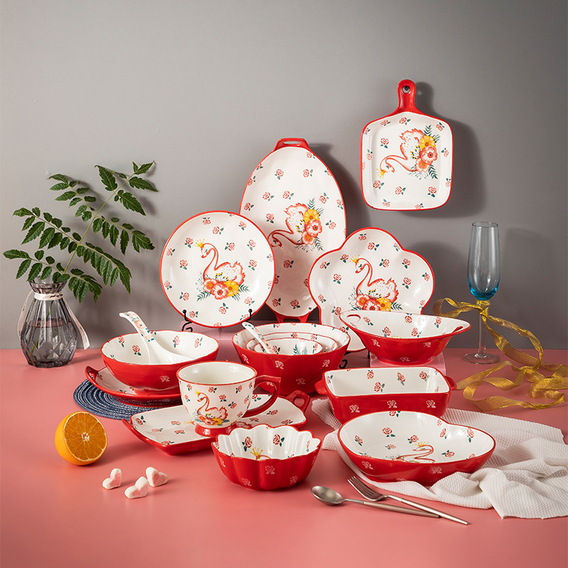 Crown Swan Heart-Shaped Plate Ceramic Plum Plate Household Single Handle Baking Plate Festive Chinese Red Cutlery Bowl and Plates Set