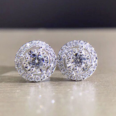 白18k金主钻16分车花钻石耳钉女 简约显钻圆形群镶碎钻石显大耳饰
