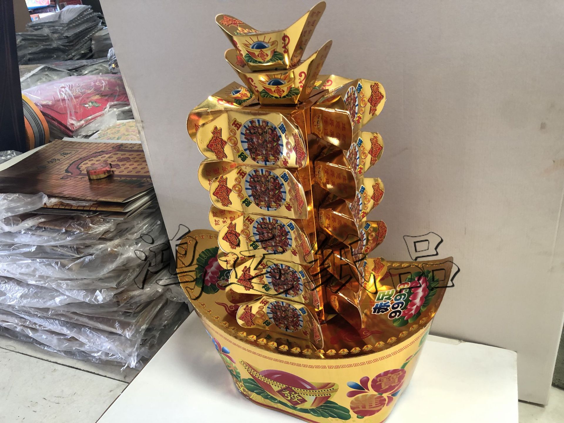 厂家直销 殡葬用品纸活 聚宝盆 新款 印金 五路元宝盆(全套)