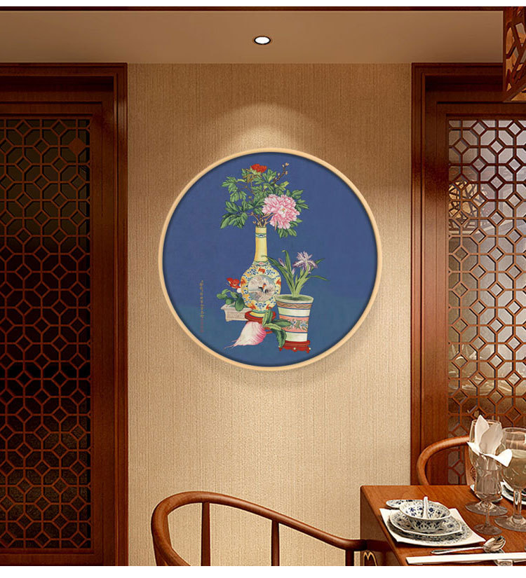 圆形镜框画客厅大厅办公室装饰画花鸟挂画壁画郎世宁平安富贵图