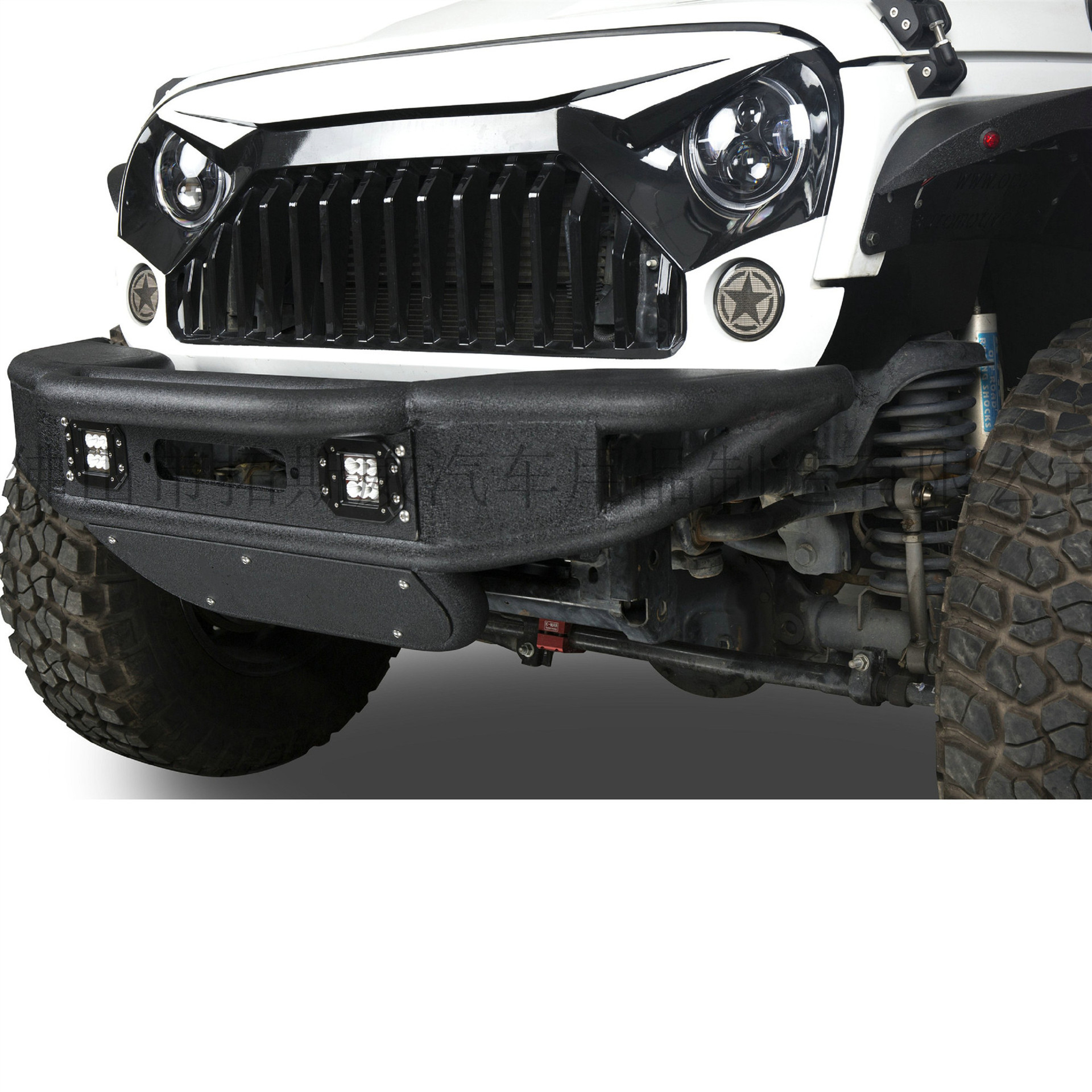 07-17牧马人jk莲花管前杠 越野防护保险杠 带绞盘架和led灯前泵霸