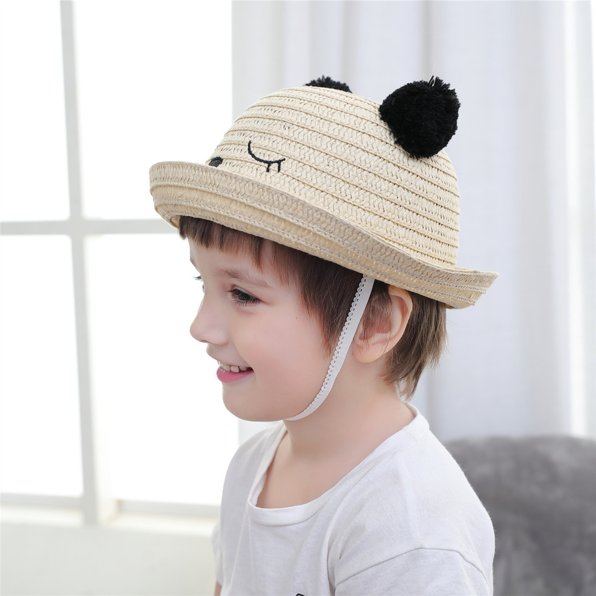 外贸原单工厂毛球小熊儿童草帽儿童遮阳帽儿童春夏帽子儿童帽子