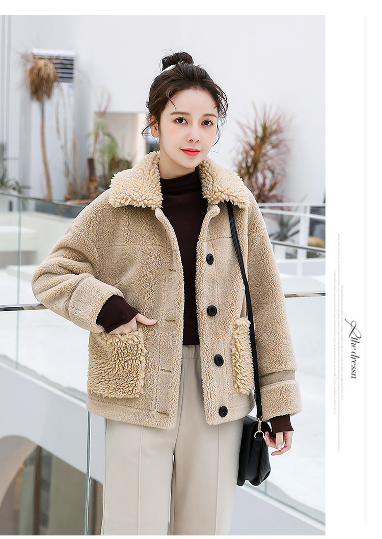 z18dw159翻领羊羔毛外套女一排扣双口袋设计短款皮草外套大衣