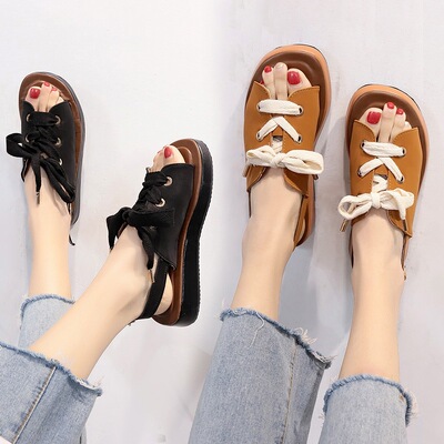 2019新款网红罗马交叉绑带凉鞋女夏仙女风平底简约百搭厚底松糕鞋
