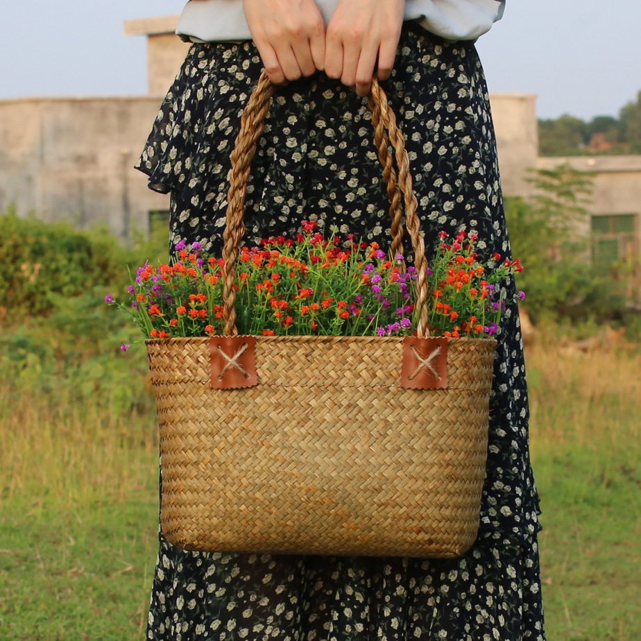 海草编织收纳篮手提花蓝装花器筐储物篮提菜篮环保草包袋外贸批发