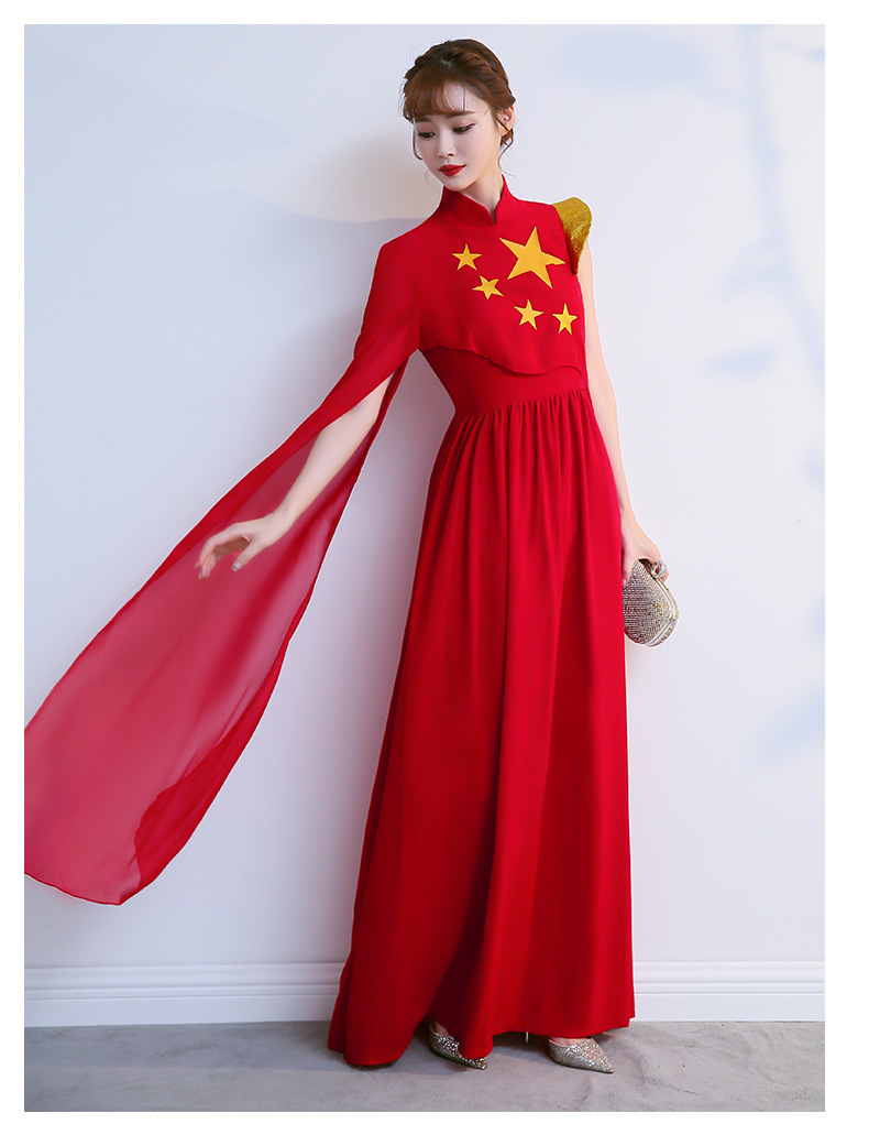 大合唱演出服女长裙中国红新款合唱团红歌比赛服装现代大型舞蹈服
