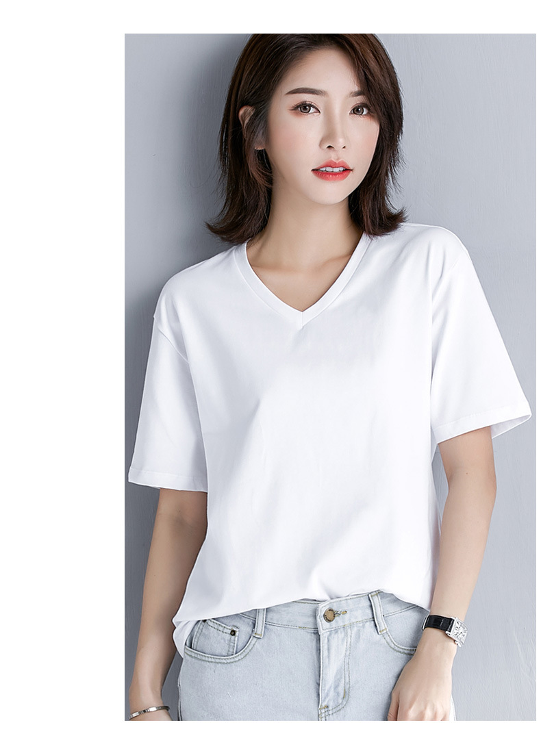 白色v领上衣女宽松显瘦短袖鸡心领t恤女百搭半袖2020新款韩版秋装