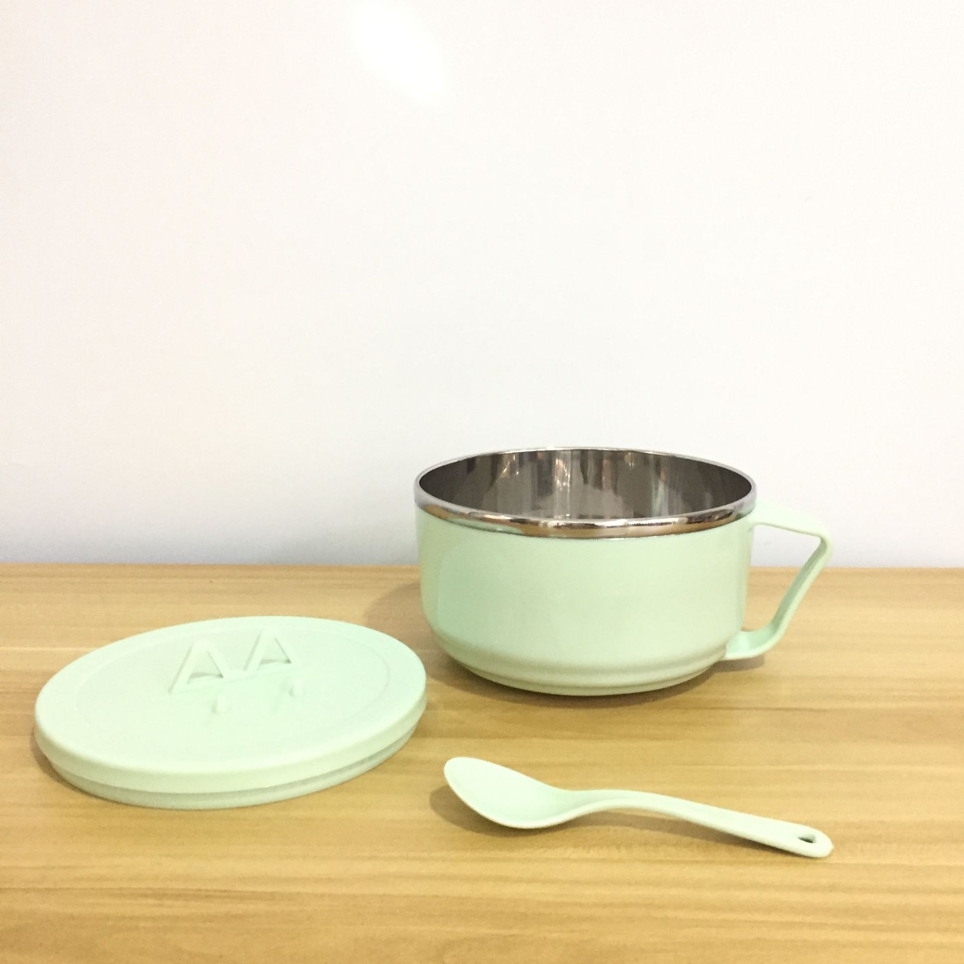 北欧色不锈钢泡面杯 吃饭带盖饭盒餐碗儿童碗 带勺子套装 十元店