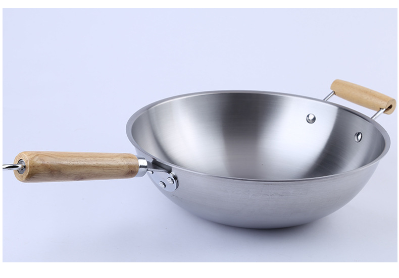 厂家现货直销十层钢木把 复合白钢炒锅平底炒菜锅 电磁炉通用锅具