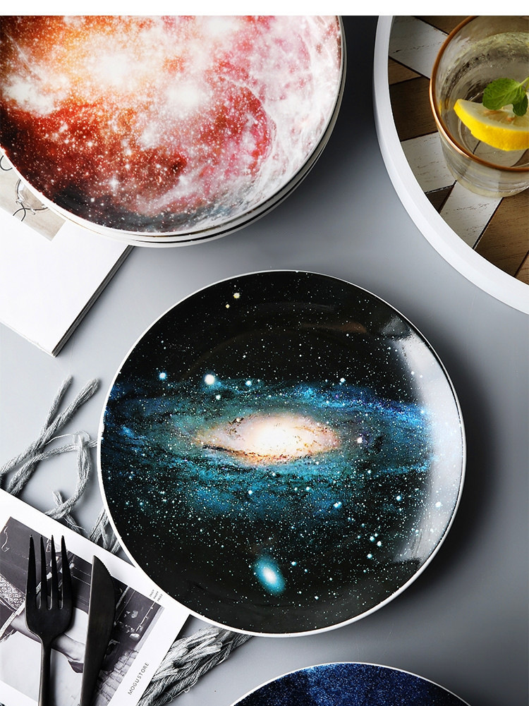 北欧创意风早餐菜盘子8寸骨瓷盘西餐牛排盘时尚手绘星空盘