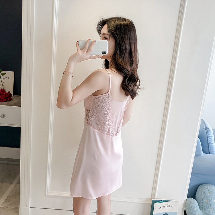 睡衣女夏季新款性感仿真丝网纱蕾丝露背吊带睡裙薄款家居服带胸垫
