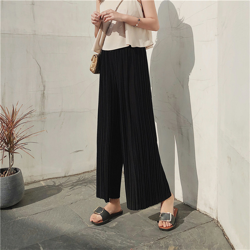 Korean Style 2020 Summer New High Waist Pleated Chiffon Wide-Leg Pants Women's Spring and Summer Cropped Student Hong Kong Style Loose Women Clothes