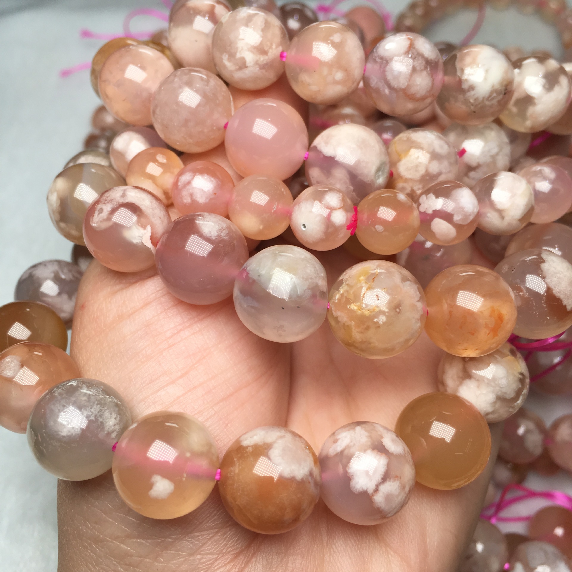 天然樱花玛瑙手链 飘花海洋玉髓圆珠单圈手链手串 厂家直销