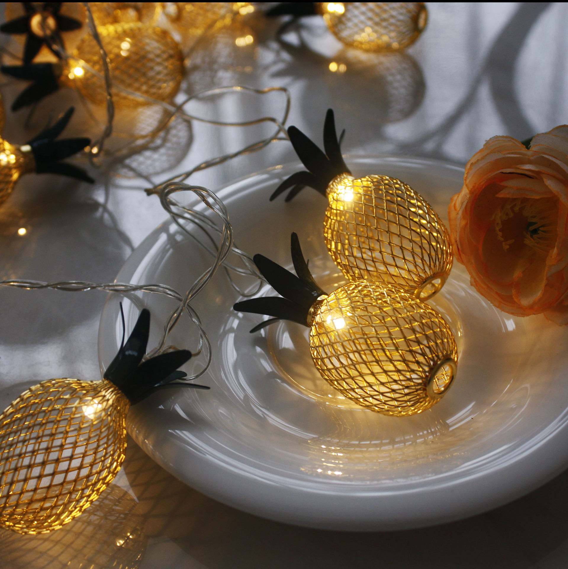 led灯串铁网金色菠萝彩灯水果装饰灯电池盒太阳能铁艺菠萝灯串