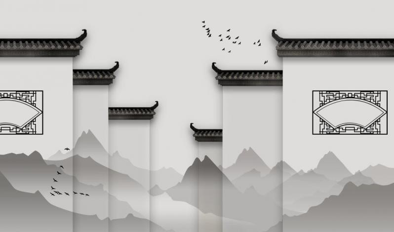 中式中国风屋檐壁纸火锅店装饰壁画徽派马头墙古建筑餐厅背景墙纸