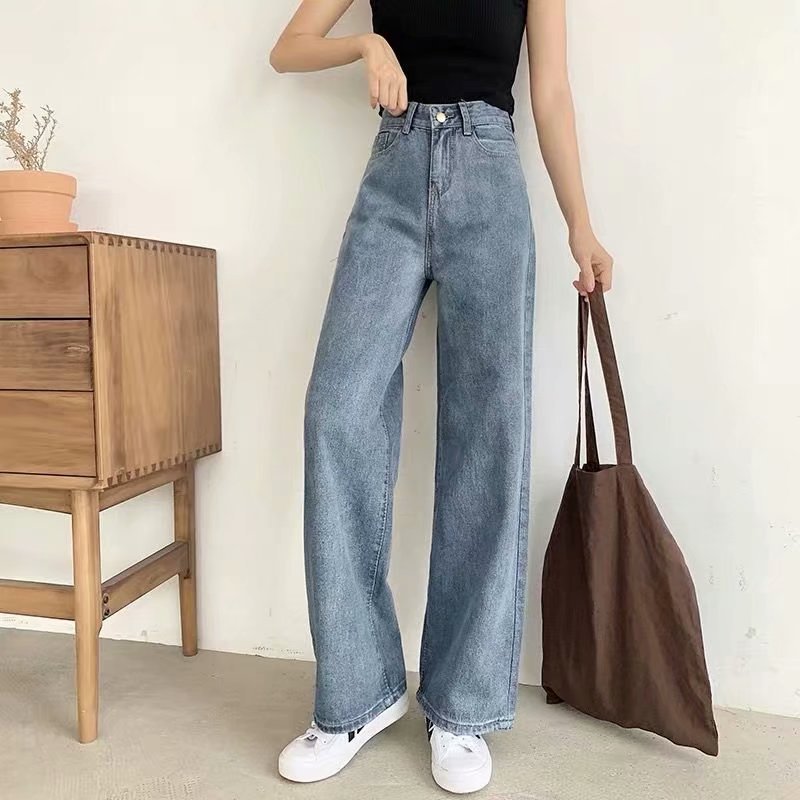   Korean Fashion All-Matching Mop Trousers Women's oose High Waist Wide eg Pants Slimming and Straight Foreign Trade European and American Style Jeans Women