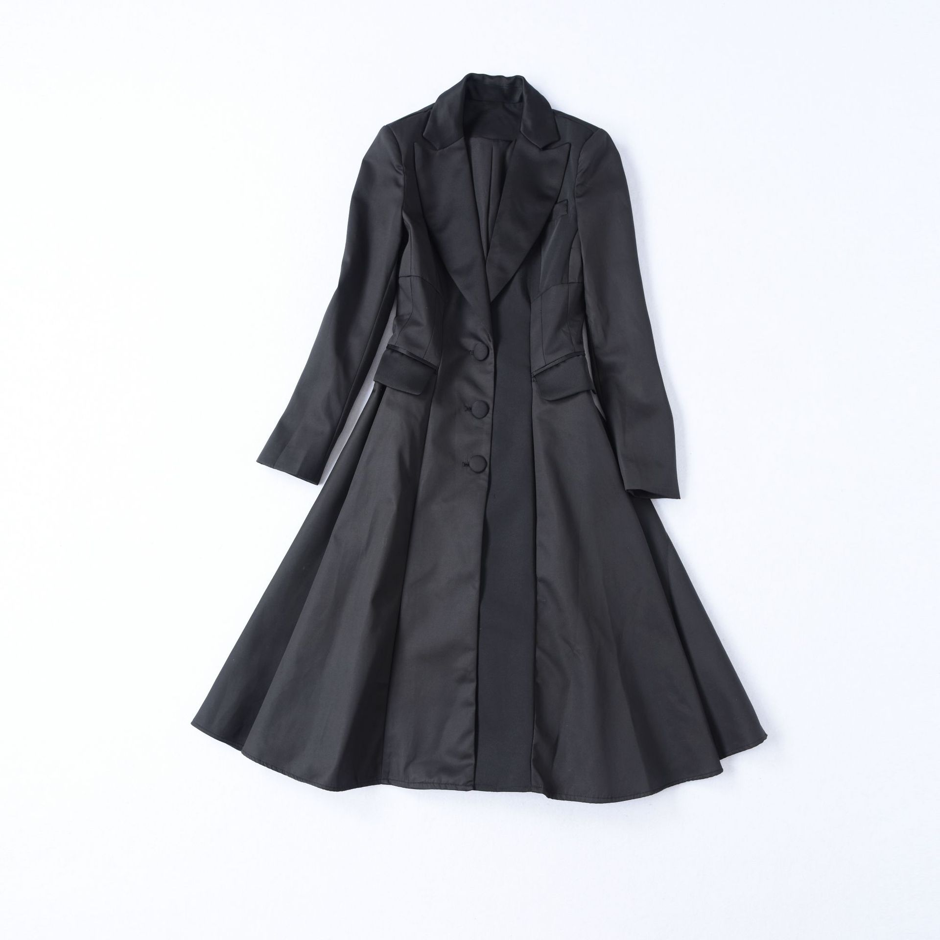 2019秋冬新款时尚百搭气质修身显瘦翻领大摆纯色风衣外套