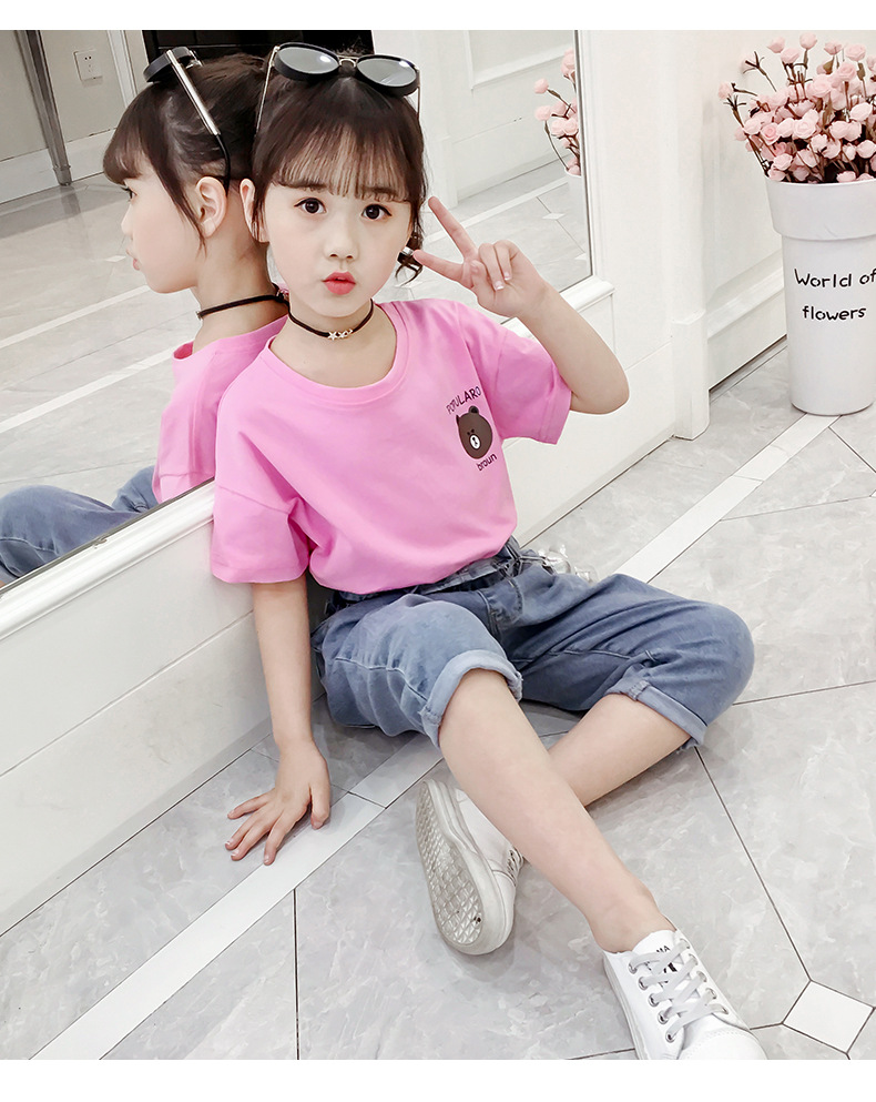 女童牛仔七分裤2022新款春夏装洋气小童中大童花苞腰头老爹裤热裤