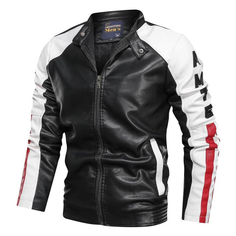 跨境男装拼接赛车服男士夹克大码亚马逊新款pu皮衣外套男厂家直销