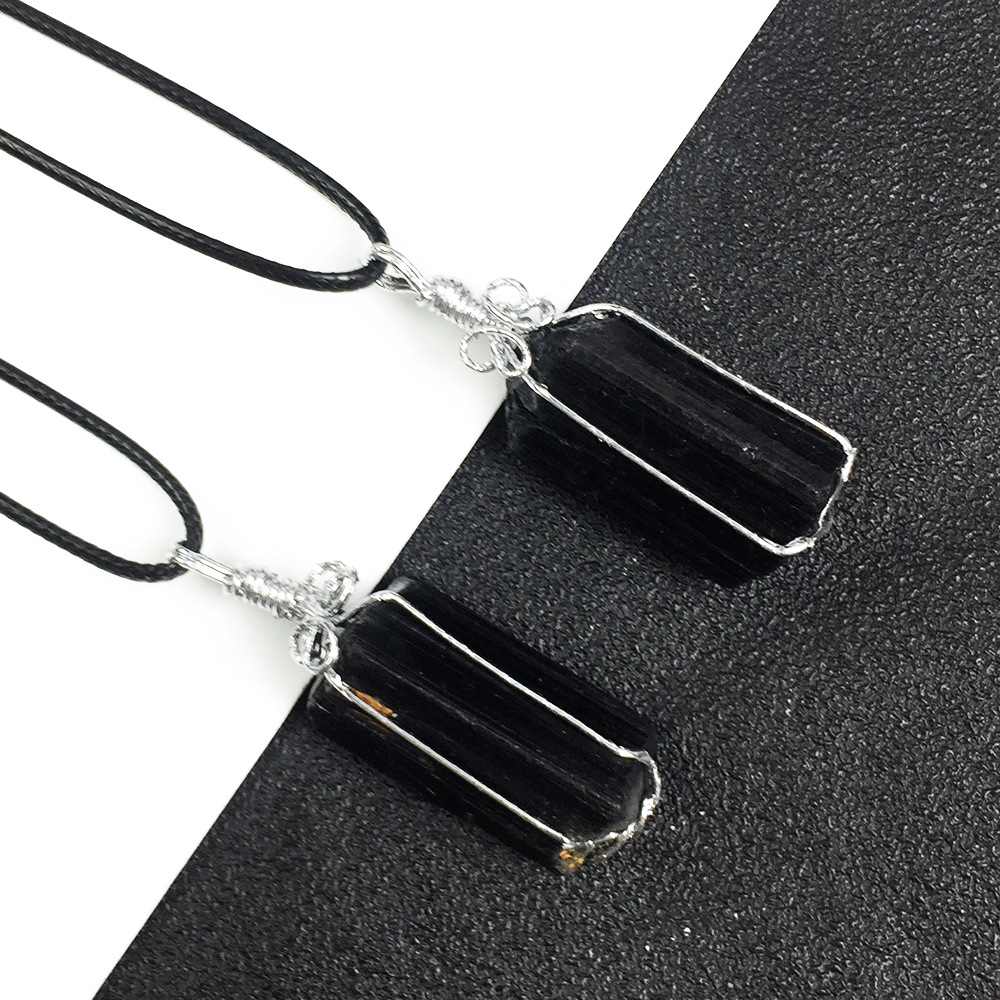 天然水晶黑碧玺原石吊坠绕丝黑碧玺电气石柱原石原矿吊坠
