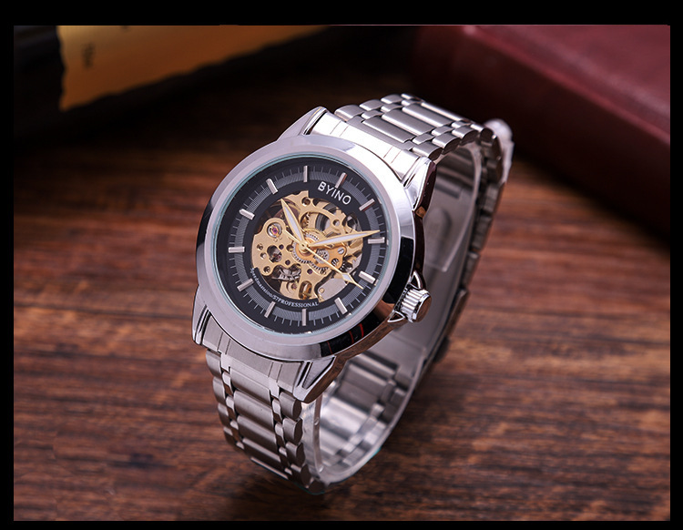 byino 简约男士机械表镂空钢带时钟夜光防水手表男上弦自动手表